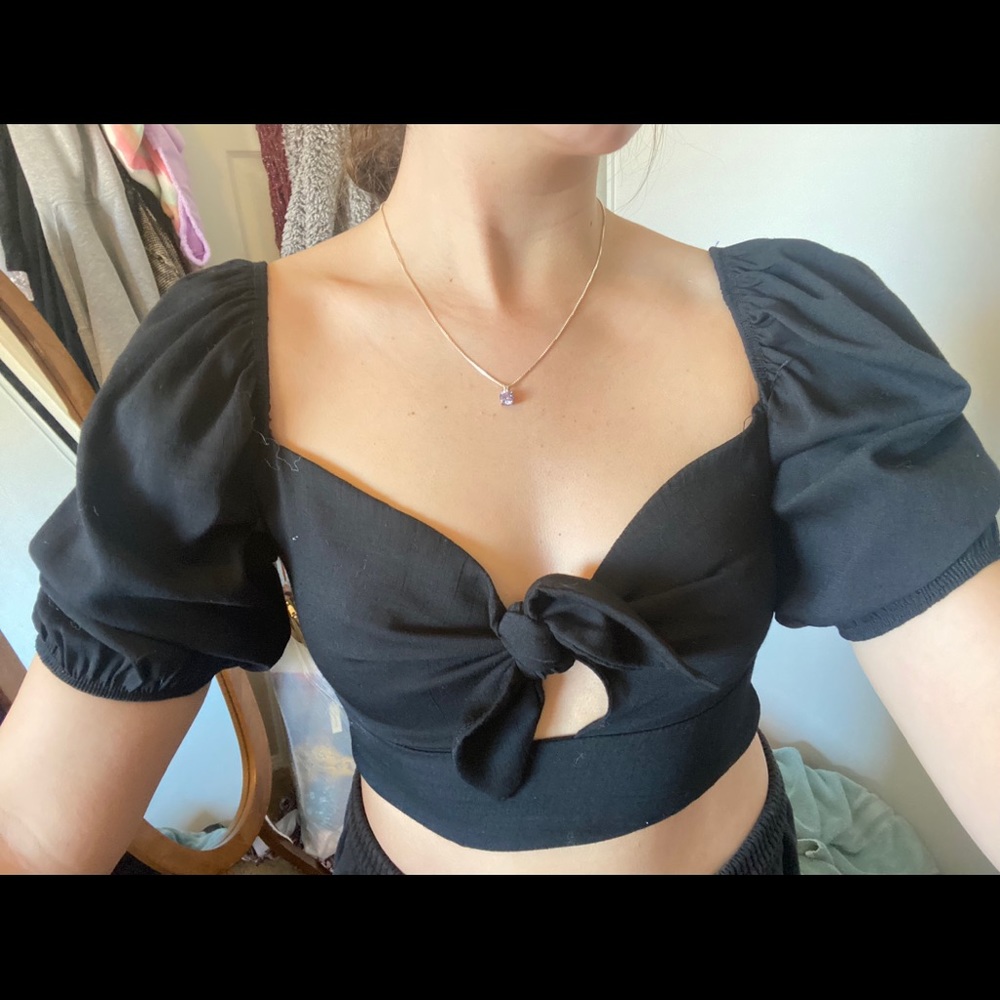 black front tie crop top, size L
